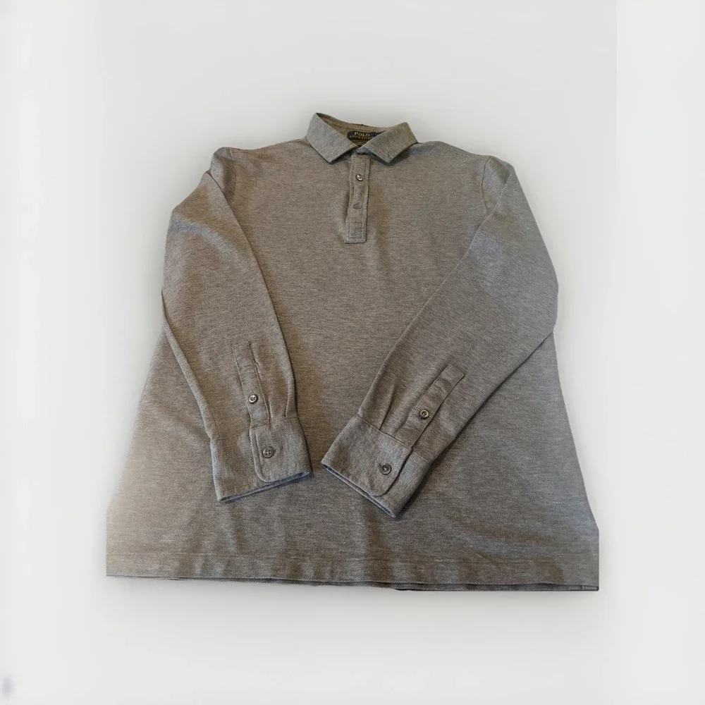 Polo Ralph Lauren Mens Gray Slim Fit Long Sleeve‎ Polo Shirt Preppy Classic